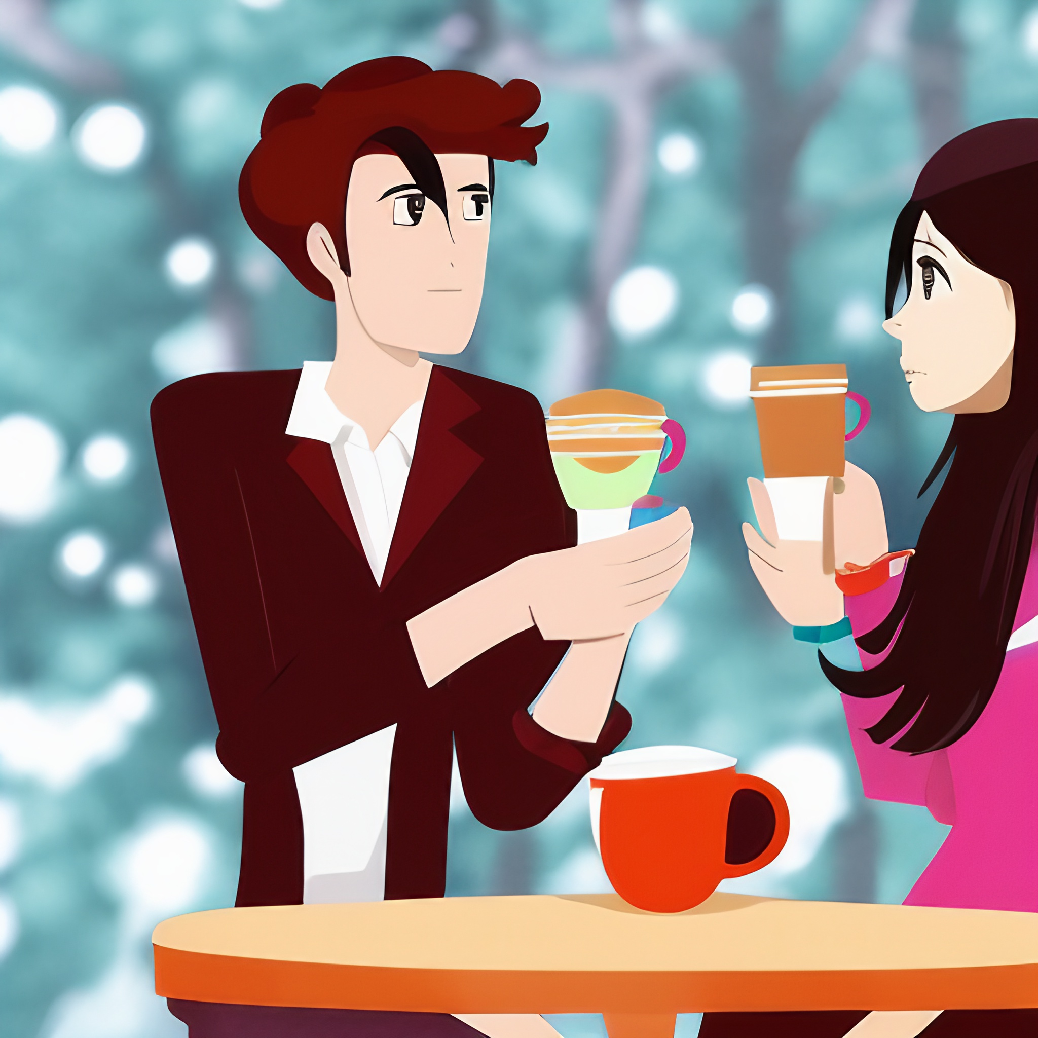 grafika w stylu animowanym na grafice widać mężczyznę i kobietę rozmawiających w kawiarni