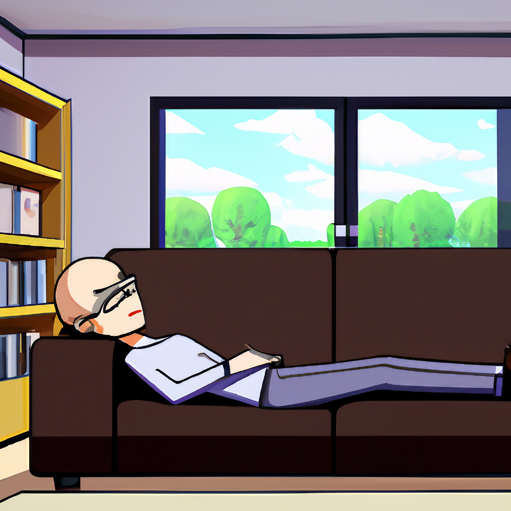grafika w stylu animowanym na grafice widać mężczyznę który leży na sofie w gabinecie psychologa