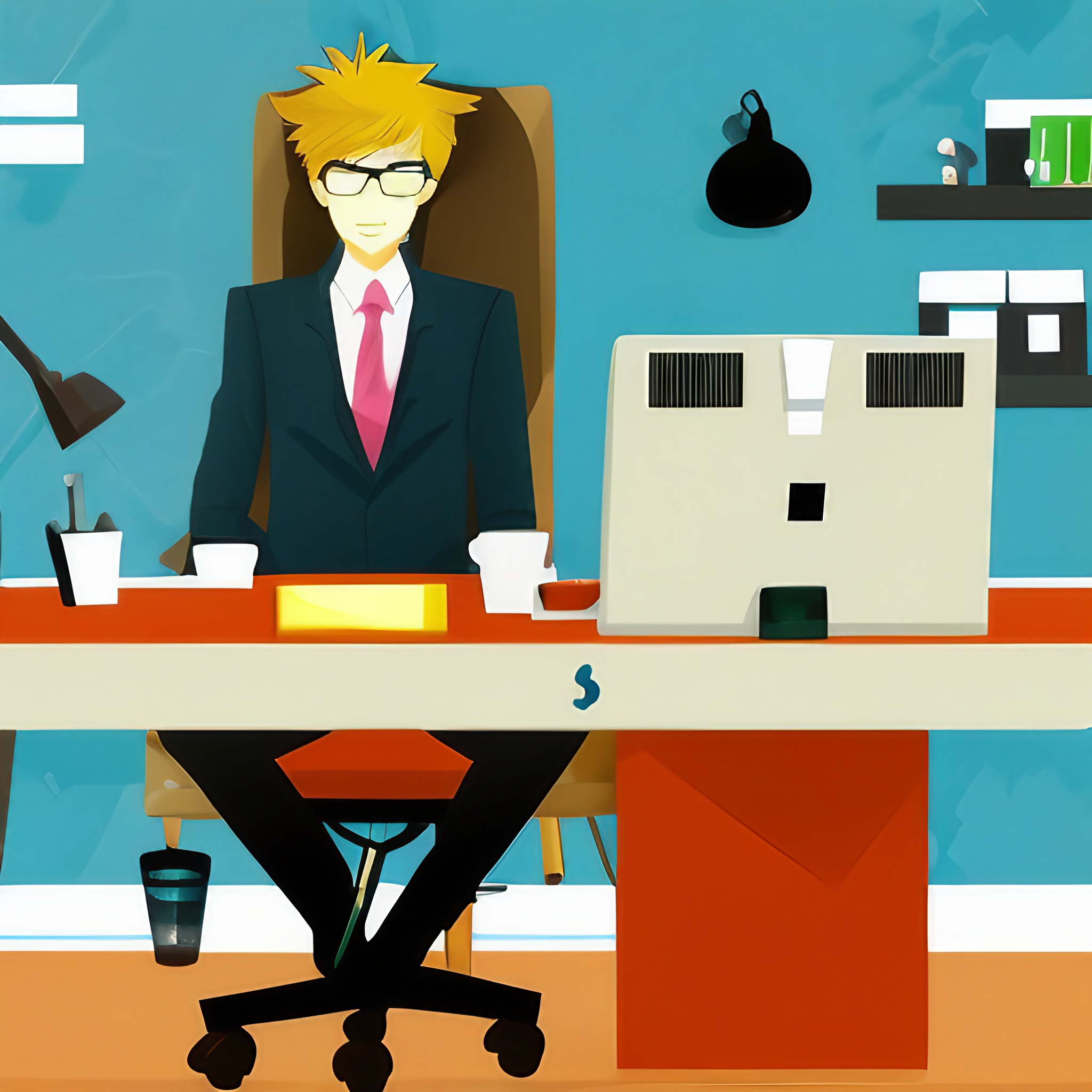 grafika w stylu animowanym na grafice widać szefa siedzącego za biurkiem