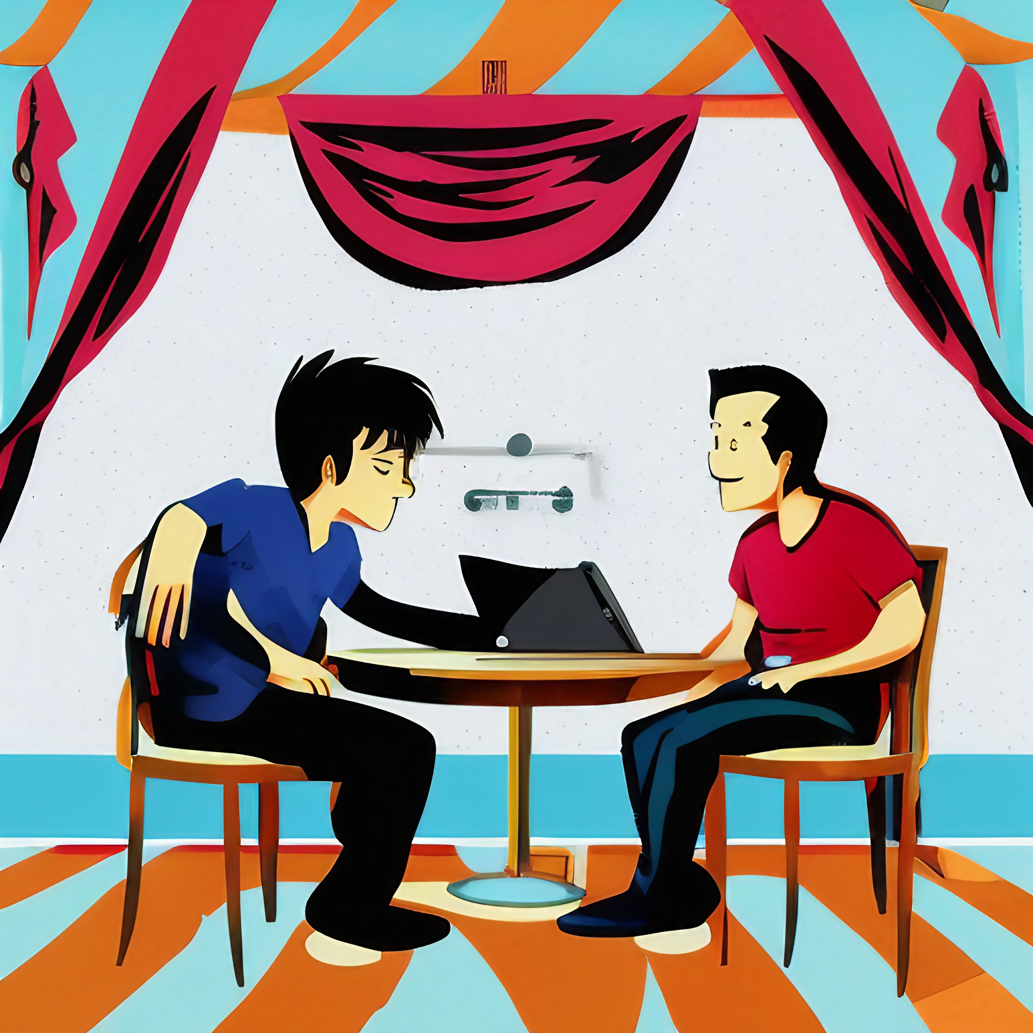 grafika w stylu kreskówki na grafice widać dwóch dorosłych rozmawiających mężczyzn siedzących na łóżku