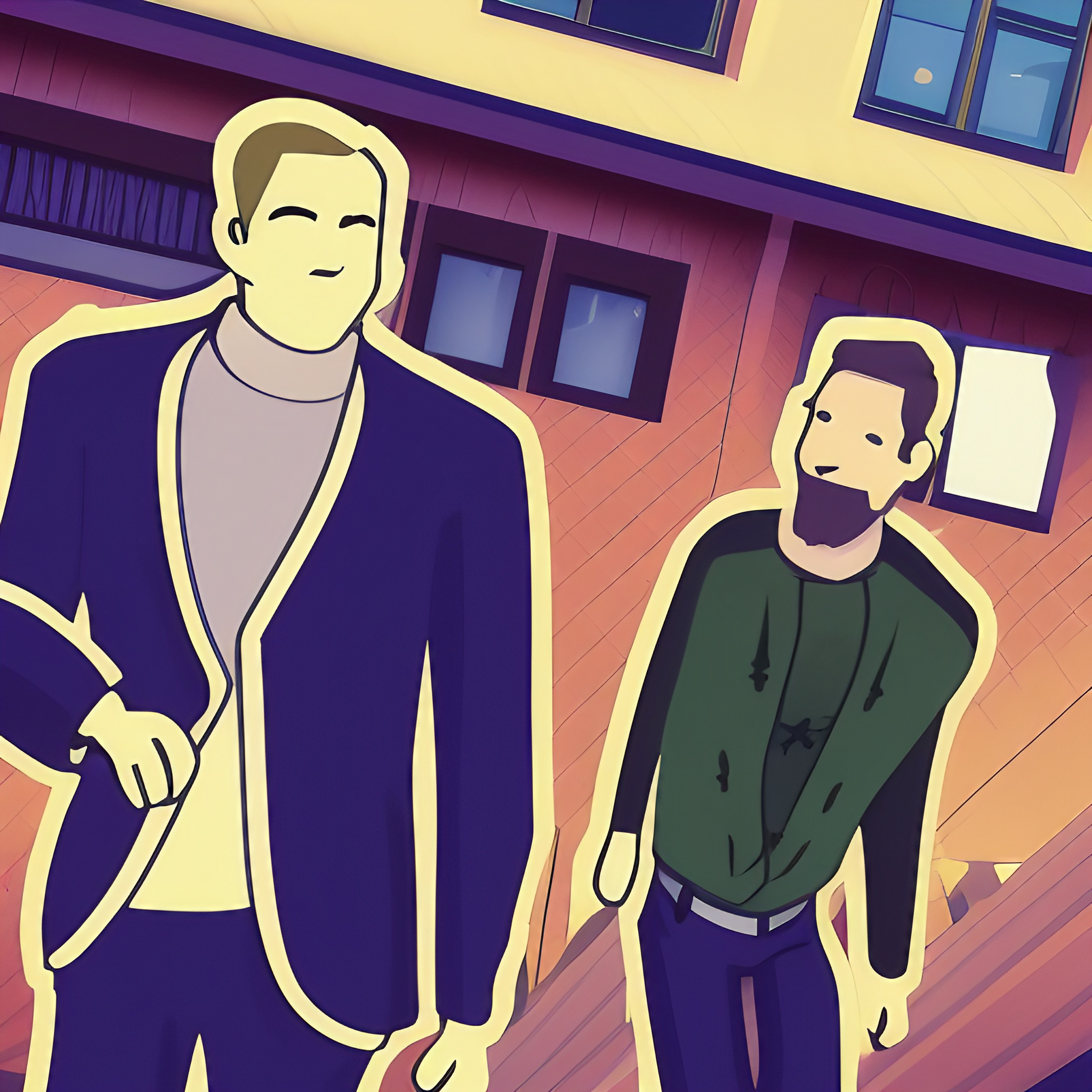 grafika w stylu kreskówki na grafice widać dwóch męzczyzn rozmawiających na mieście