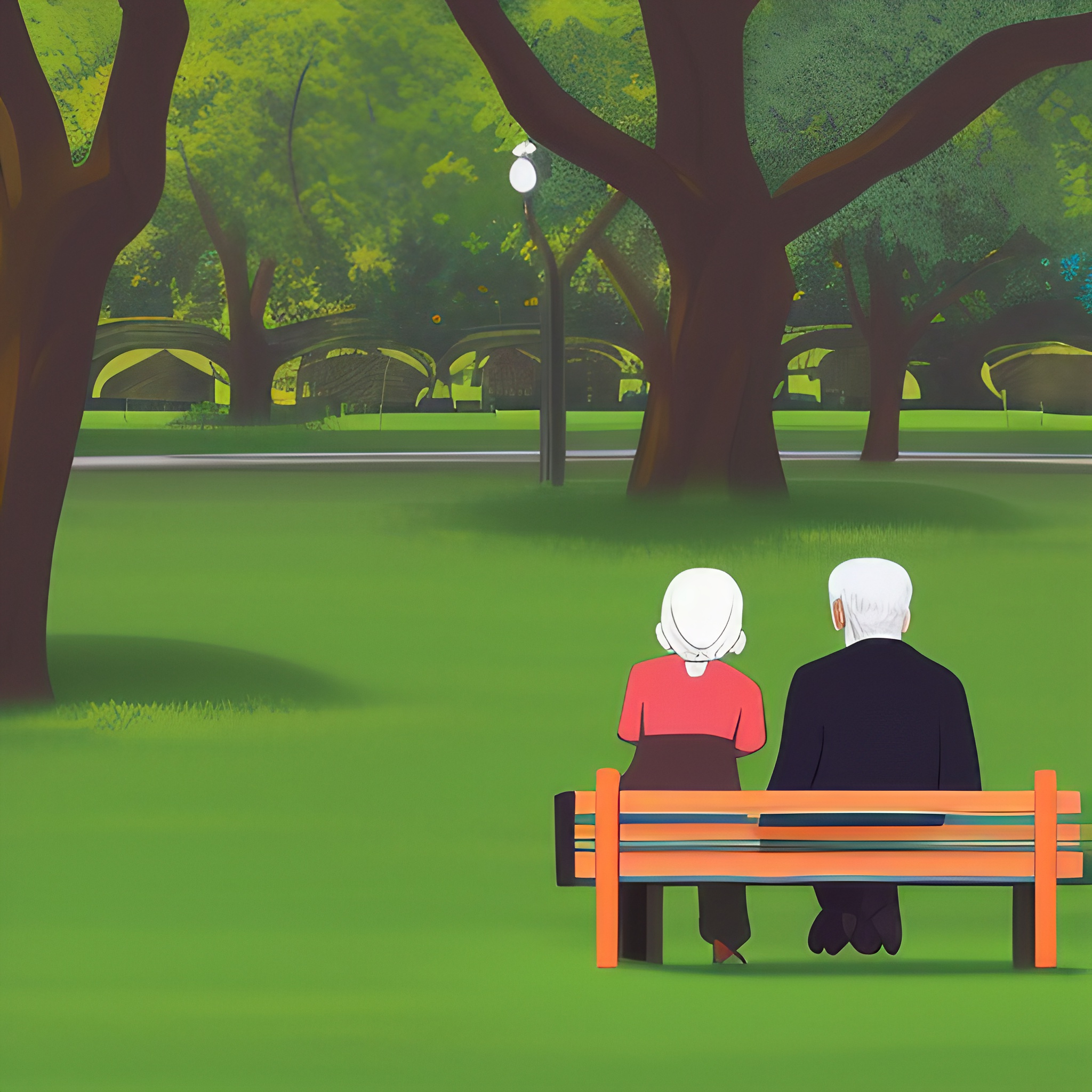 grafika w stylu kreskówki na grafice widać kobietę rozmawiającą ze starym mężczyzną w parku