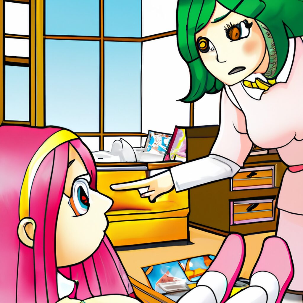 grafika w stylu kreskówki na grafice widać matkę rozmawiającą z dzieckiem w pokoju dziecka