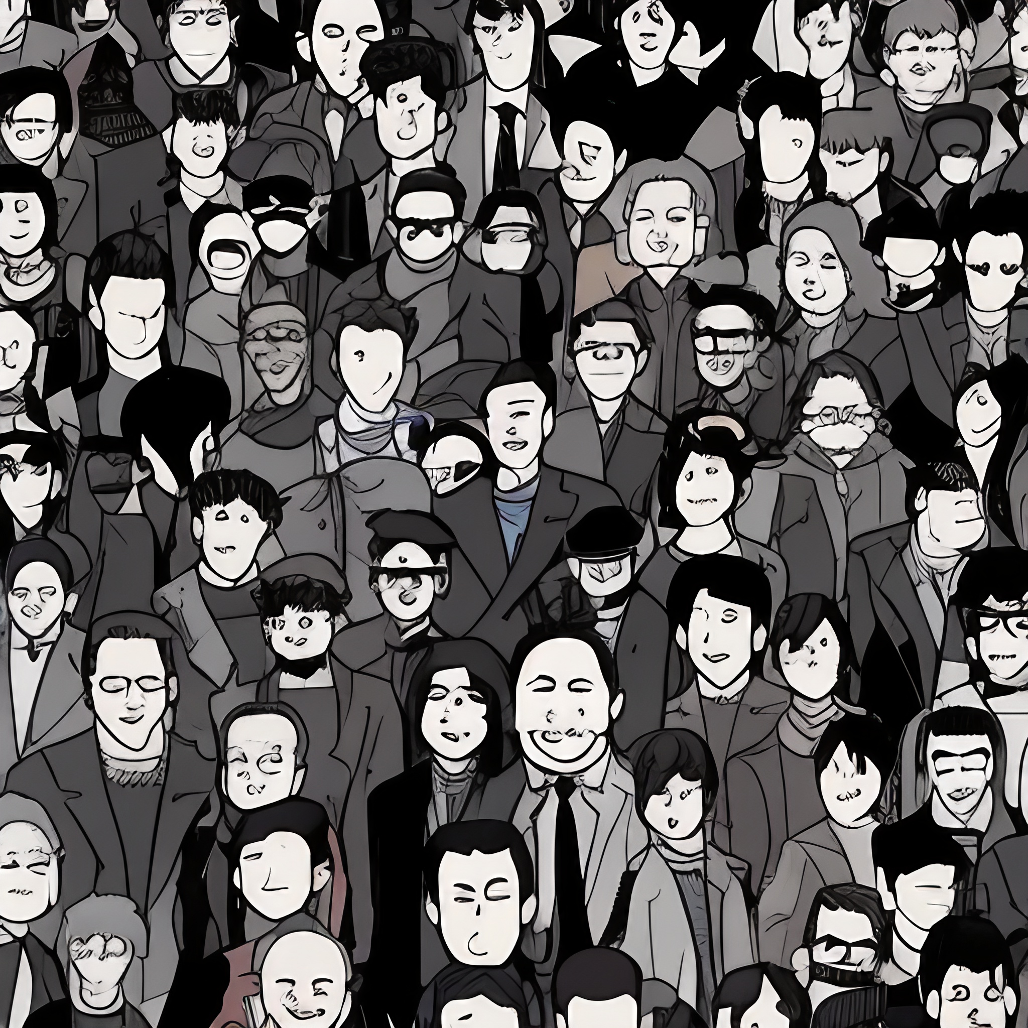 grafika w stylu kreskówki na grafice widać mężczyznę do okoła jest dużo patrzących się na niego ludzi w czarnych płaszczach