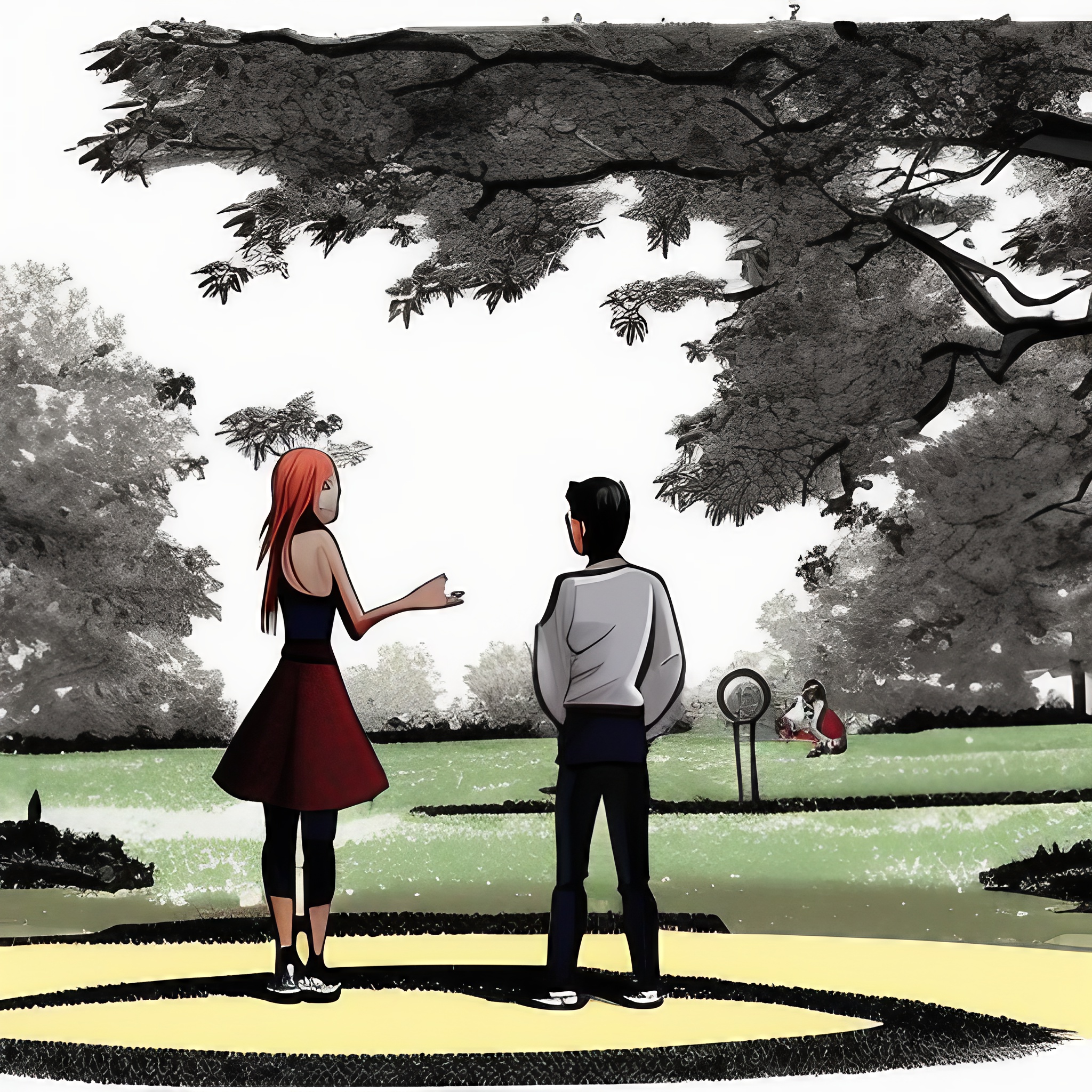 grafika w stylu kreskówki na grafice widać mężczyznę i kobietę rozmawiających w parku