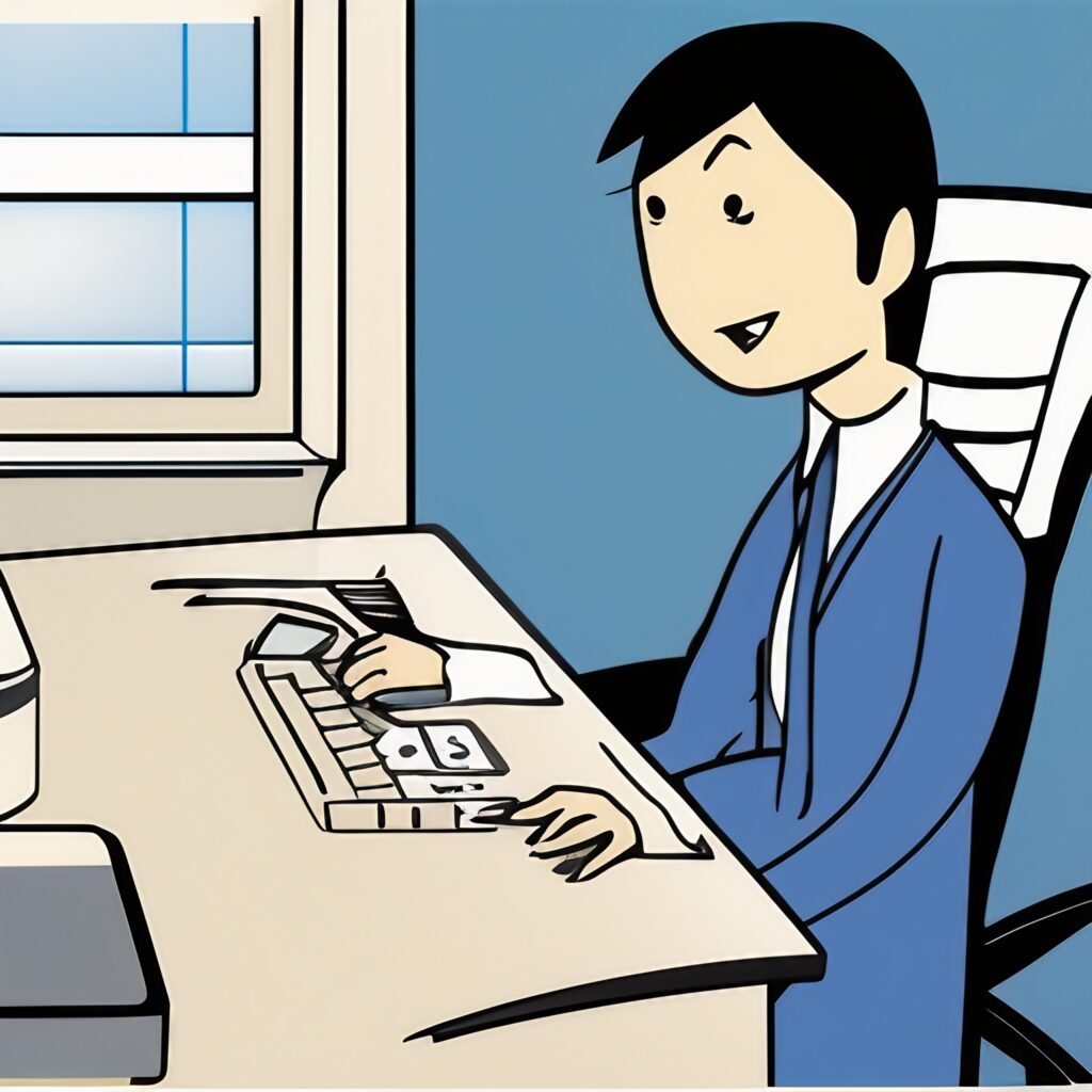 grafika w stylu kreskówki na grafice widać pracownika banku za biurkiem