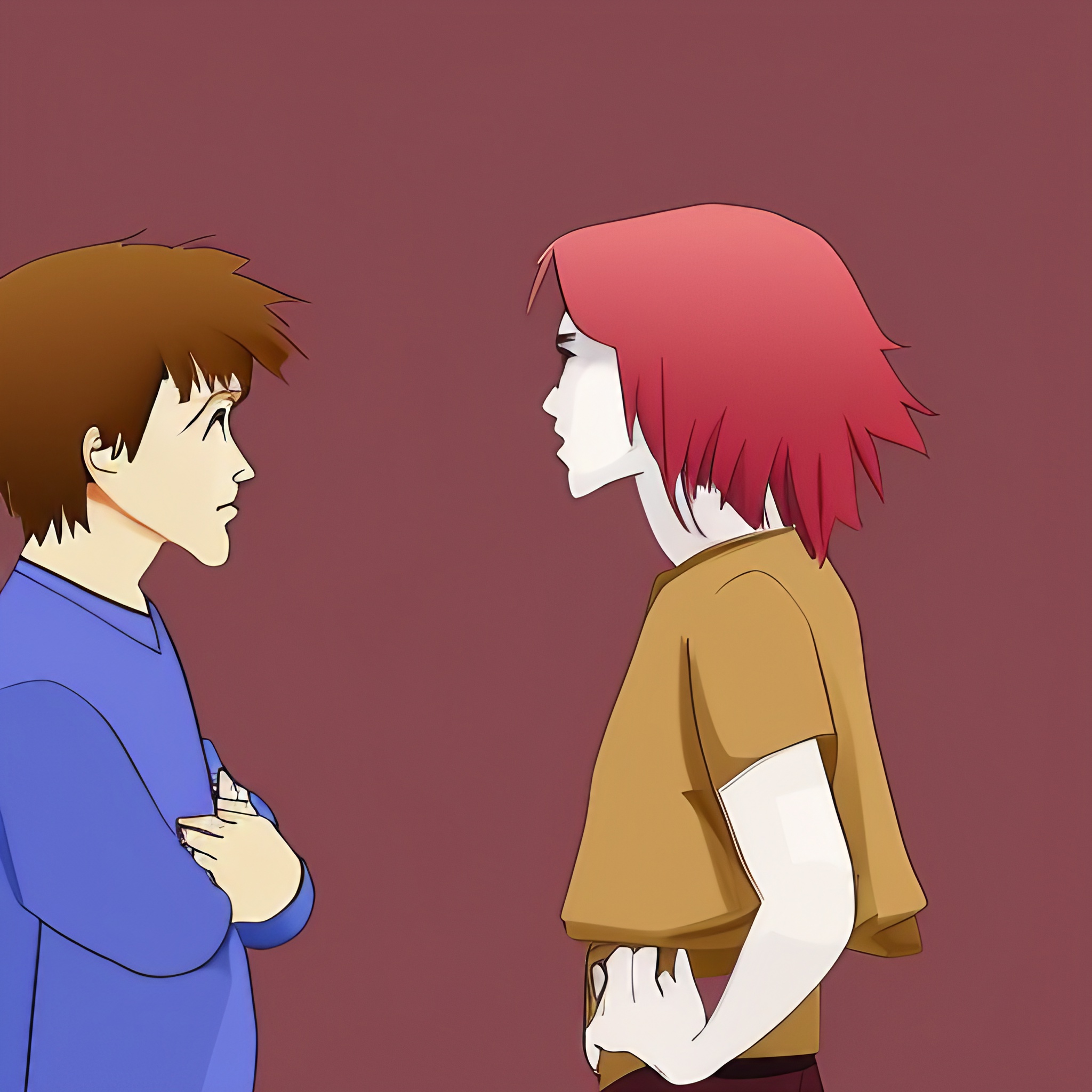 grafika w stylu kreskówki na grafice widać rodzica rozmawiającego z zbuntowanym nastolatkiem w glanach i czerwonych włosach