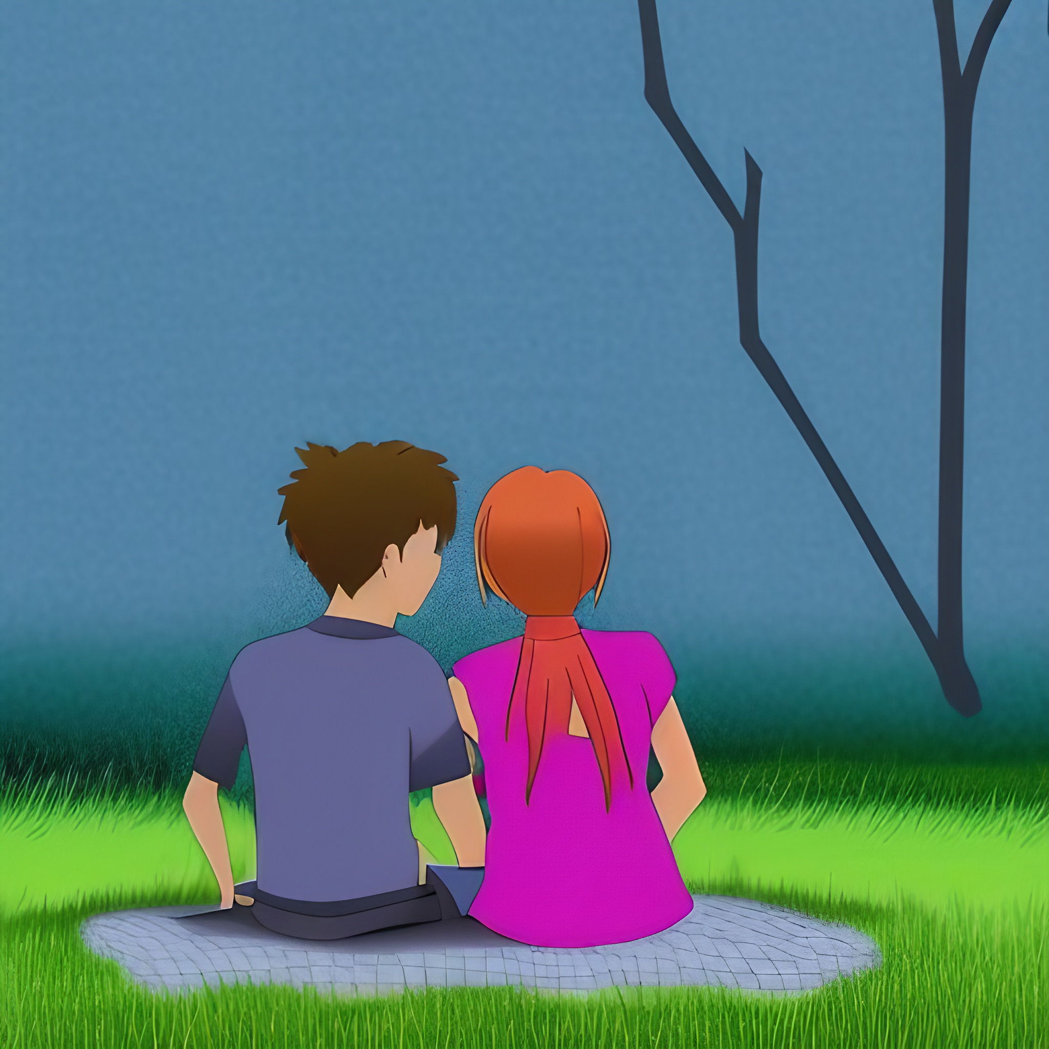 grafika w stylu kreskówkowym na grafice widać dziewczynę rozmawiającą z chłopakiem w parku