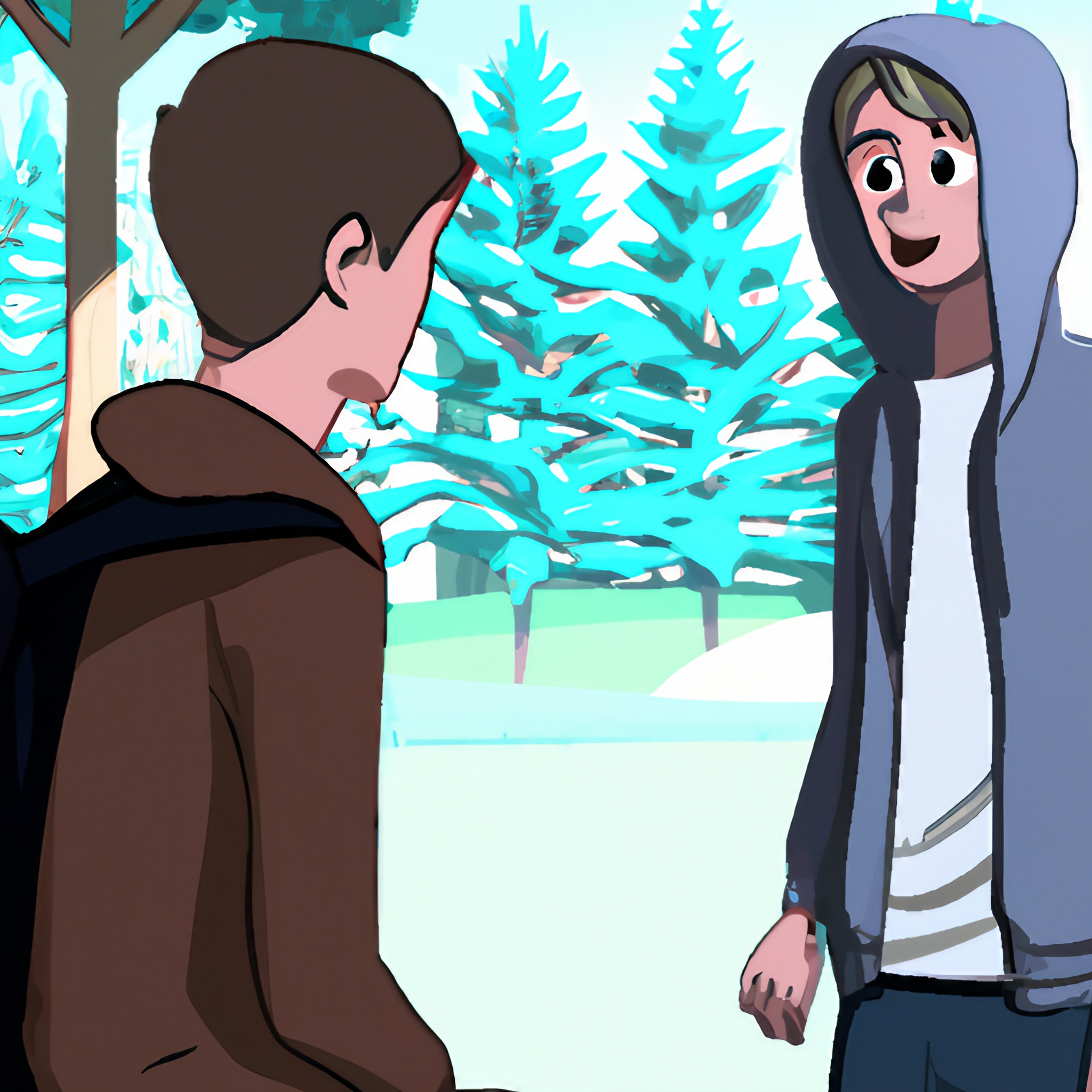 grafika w stylu kreskówkowym na grafice widać mężczyznę w kapturze i zasłoniętą twarzą rozmawiającą z chłopakiem w parku